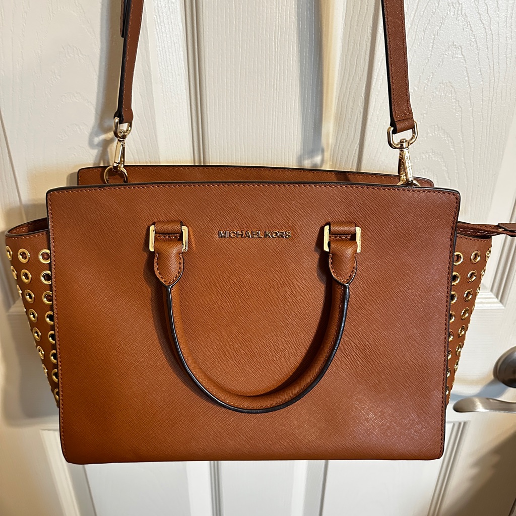 Michael Kors Salma Leather Satchel Shoulder Bag W Strap & Gold Accents, Tan